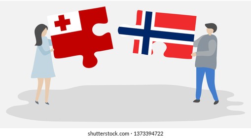 Couple holding two puzzles pieces with Tongan and Norwegian flags. Tonga and Norway national symbols together.