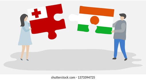 Couple holding two puzzles pieces with Tongan and Nigerien flags. Tonga and Niger national symbols together.