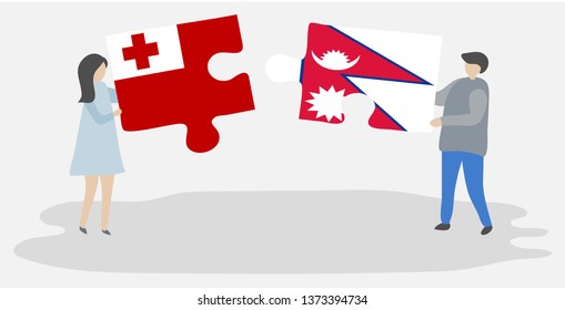 Couple holding two puzzles pieces with Tongan and Nepalese flags. Tonga and Nepal national symbols together.