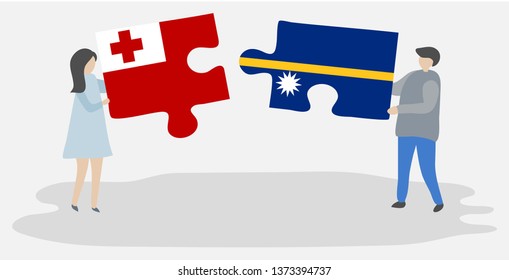 Couple holding two puzzles pieces with Tongan and Nauruan flags. Tonga and Nauru national symbols together.