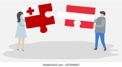 Couple holding two puzzles pieces with Tongan and Austrian flags. Tonga and Austria national symbols together.