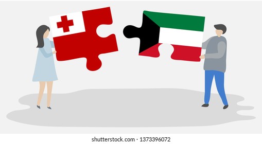 Couple holding two puzzles pieces with Tongan and Kuwaiti flags. Tonga and Kuwait national symbols together.