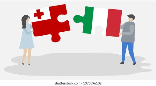 Couple holding two puzzles pieces with Tongan and Italian flags. Tonga and Italy national symbols together.
