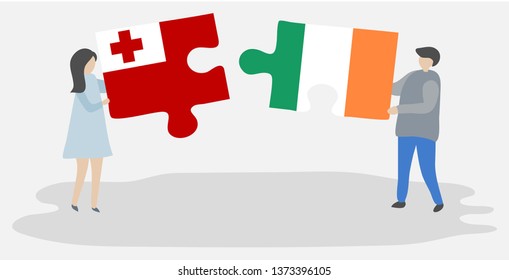 Couple holding two puzzles pieces with Tongan and Irish flags. Tonga and Ireland national symbols together.