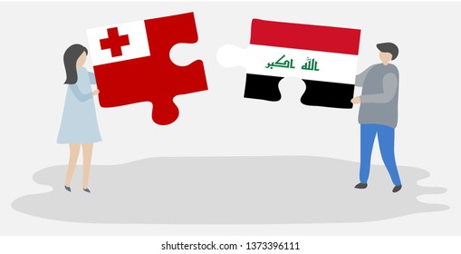 Couple holding two puzzles pieces with Tongan and Iraqi flags. Tonga and Iraq national symbols together.
