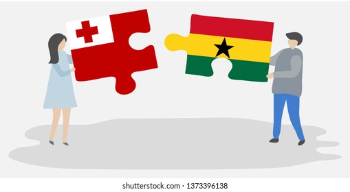Couple holding two puzzles pieces with Tongan and Ghanaian flags. Tonga and Ghana national symbols together.