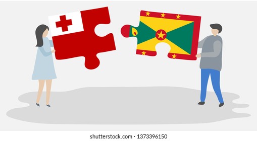 Couple holding two puzzles pieces with Tongan and Grenadian flags. Tonga and Grenada national symbols together.
