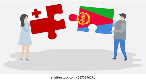 Couple holding two puzzles pieces with Tongan and Eritrean flags. Tonga and Eritrea national symbols together.