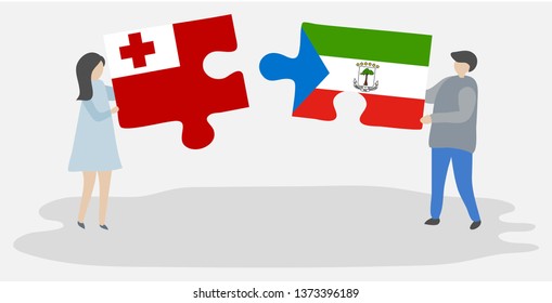 Couple holding two puzzles pieces with Tongan and Equatorial Guinean flags. Tonga and Equatorial Guinea national symbols together.