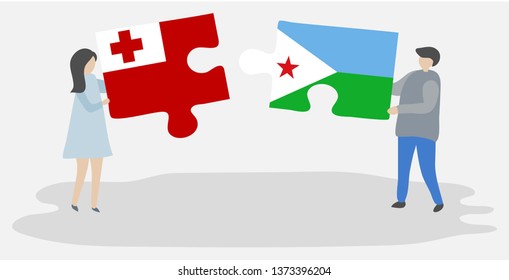 Couple holding two puzzles pieces with Tongan and Djiboutian flags. Tonga and Djibouti national symbols together.