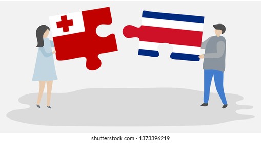 Couple holding two puzzles pieces with Tongan and Costa Rican flags. Tonga and Costa Rica national symbols together.