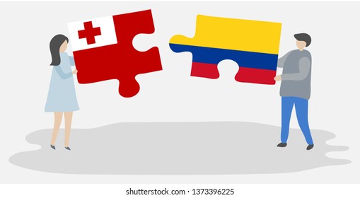 Couple holding two puzzles pieces with Tongan and Colombian flags. Tonga and Colombia national symbols together.