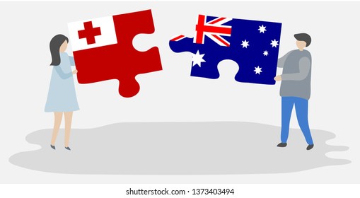 Couple holding two puzzles pieces with Tongan and Australian flags. Tonga and Australia national symbols together.