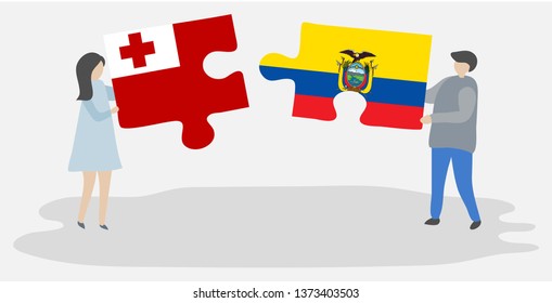Couple holding two puzzles pieces with Tongan and Ecuadorian flags. Tonga and Ecuador national symbols together.