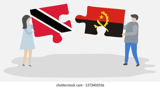 Couple holding two puzzles pieces with Trinidadian and Angolan flags. Trinidad and Tobago and Angola national symbols together.