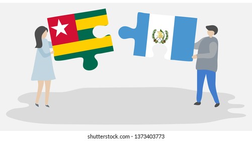 Couple holding two puzzles pieces with Togolese and Guatemalan flags. Togo and Guatemala national symbols together.