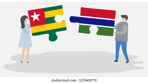 Couple holding two puzzles pieces with Togolese and Gambian flags. Togo and Gambia national symbols together.