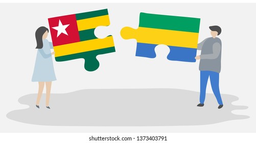Couple holding two puzzles pieces with Togolese and Gabonese flags. Togo and Gabon national symbols together.