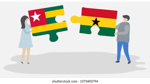 Couple holding two puzzles pieces with Togolese and Ghanaian flags. Togo and Ghana national symbols together.