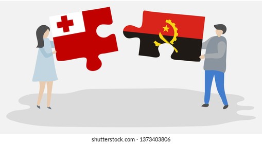 Couple holding two puzzles pieces with Tongan and Angolan flags. Tonga and Angola national symbols together.