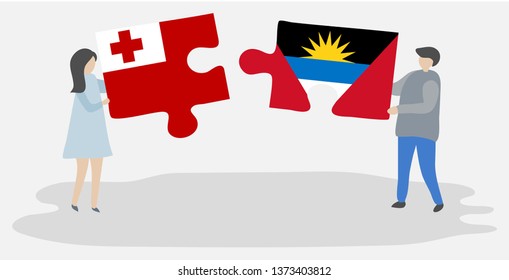 Couple holding two puzzles pieces with Tongan and Antiguan flags. Tonga and Antigua and Barbuda national symbols together.