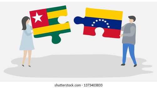 Couple holding two puzzles pieces with Togolese and Venezuelan flags. Togo and Venezuela national symbols together.