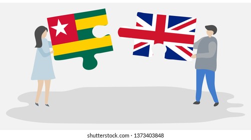 Couple holding two puzzles pieces with Togolese and British flags. Togo and United Kingdom national symbols together.