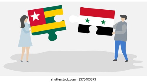 Couple holding two puzzles pieces with Togolese and Syrian flags. Togo and Syria national symbols together.