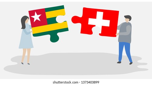Couple holding two puzzles pieces with Togolese and Swiss flags. Togo and Switzerland national symbols together.