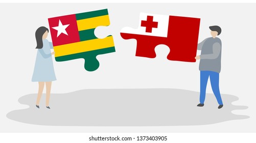 Couple holding two puzzles pieces with Togolese and Tongan flags. Togo and Tonga national symbols together.