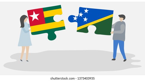 Couple holding two puzzles pieces with Togolese and Solomon Island flags. Togo and Solomon Islands national symbols together.