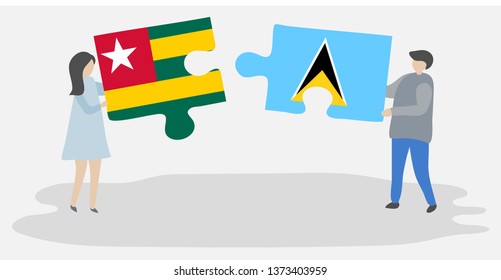 Couple holding two puzzles pieces with Togolese and Saint Lucian flags. Togo and Saint Lucia national symbols together.