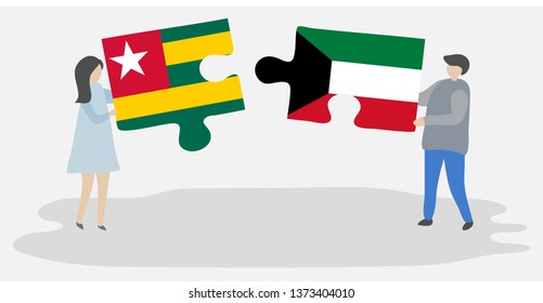 Couple holding two puzzles pieces with Togolese and Kuwaiti flags. Togo and Kuwait national symbols together.