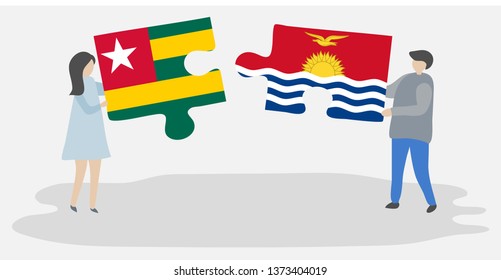 Couple holding two puzzles pieces with Togolese and I-Kiribati flags. Togo and Kiribati national symbols together.