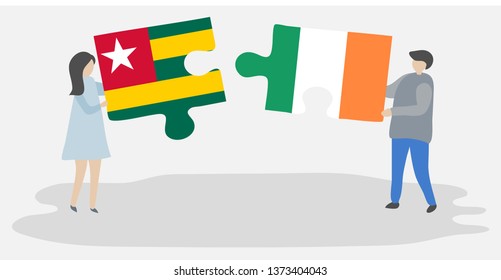 Couple holding two puzzles pieces with Togolese and Irish flags. Togo and Ireland national symbols together.