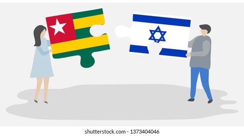 Couple holding two puzzles pieces with Togolese and Israeli flags. Togo and Israel national symbols together.