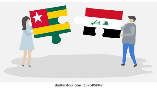 Couple holding two puzzles pieces with Togolese and Iraqi flags. Togo and Iraq national symbols together.