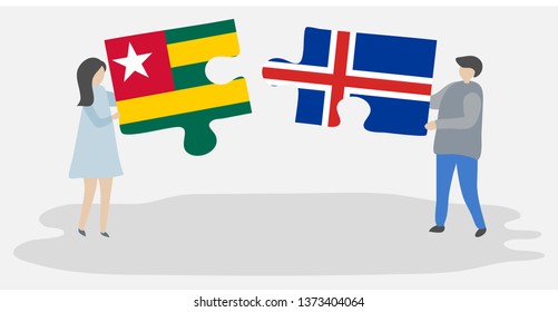 Couple holding two puzzles pieces with Togolese and Icelandic flags. Togo and Iceland national symbols together.