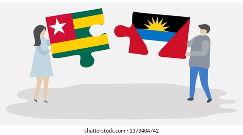 Couple holding two puzzles pieces with Togolese and Antiguan flags. Togo and Antigua and Barbuda national symbols together.