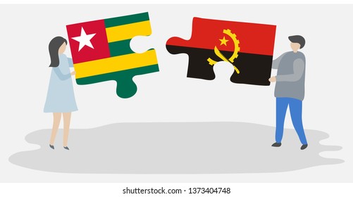 Couple holding two puzzles pieces with Togolese and Angolan flags. Togo and Angola national symbols together.