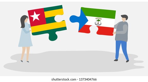 Couple holding two puzzles pieces with Togolese and Equatorial Guinean flags. Togo and Equatorial Guinea national symbols together.