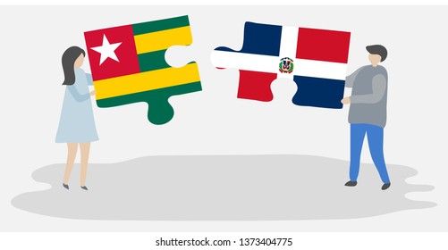 Couple holding two puzzles pieces with Togolese and Dominican flags. Togo and Dominican Republic national symbols together.