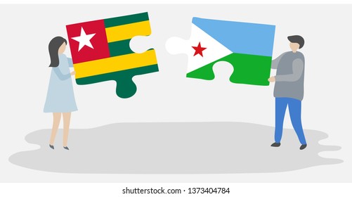 Couple holding two puzzles pieces with Togolese and Djiboutian flags. Togo and Djibouti national symbols together.