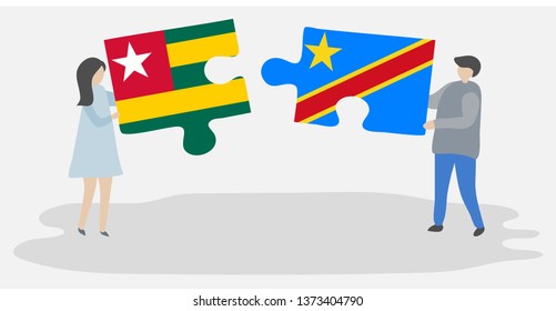 Couple holding two puzzles pieces with Togolese and Congolese flags. Togo and Democratic Republic of the Congo national symbols together.