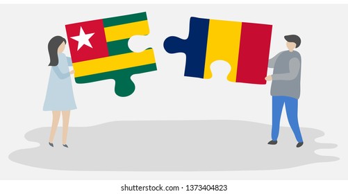Couple holding two puzzles pieces with Togolese and Chadian flags. Togo and Chad national symbols together.