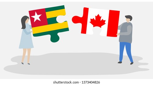 Couple holding two puzzles pieces with Togolese and Canadian flags. Togo and Canada national symbols together.