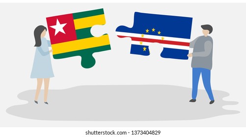 Couple holding two puzzles pieces with Togolese and Cabo Verdean flags. Togo and Cape Verde national symbols together.