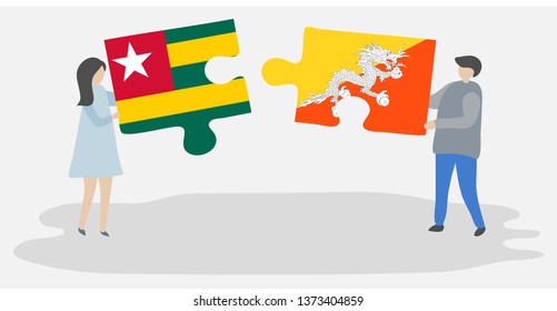 Couple holding two puzzles pieces with Togolese and Bhutanese flags. Togo and Bhutan national symbols together.
