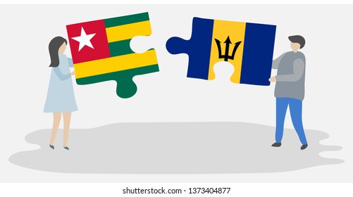 Couple holding two puzzles pieces with Togolese and Barbadian flags. Togo and Barbados national symbols together.