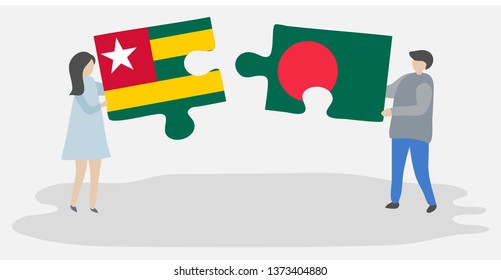 Couple holding two puzzles pieces with Togolese and Bangladeshi flags. Togo and Bangladesh national symbols together.